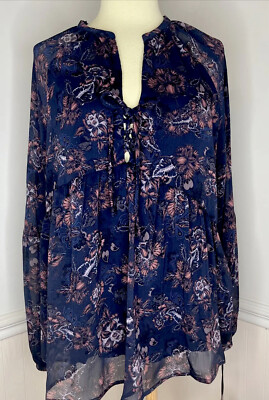 Womens Knox Rose Navy Mauve & White Floral Shear  Boho Chic Tunic Blouse Size M