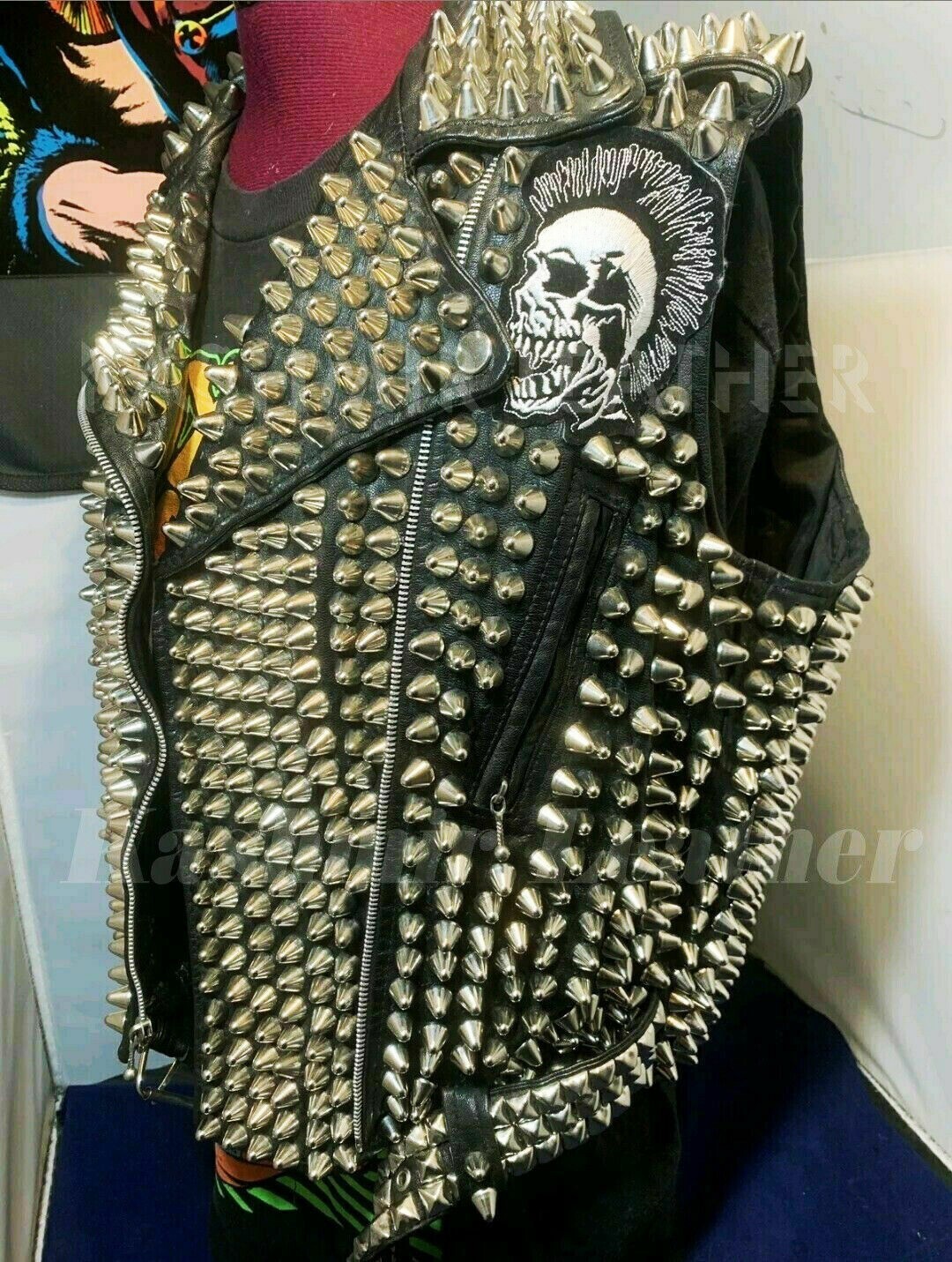 Pre-owned Handmade Mad Max Exploited Men Black Punk Full Studded Patches Motorcycle Leather Vest