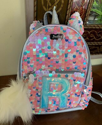 Justice Girls Initial  R  Backpack Unicorn Flip Sequins NWT Very Cute
