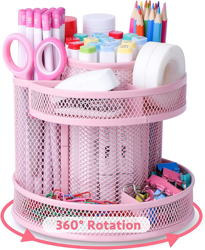 Cute Rotate Desk Organizer Accessories Pen Holder Stationery Carousel Caddy Tray