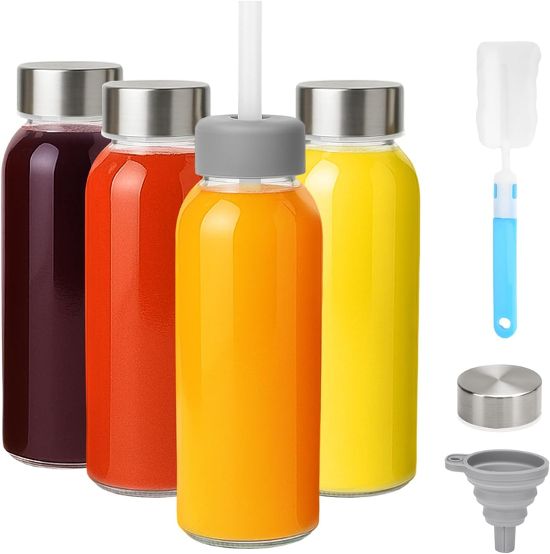 Glass Water Bottles with Lids 10.5 Oz, Reusable Clear Juice Bottles with Stainle