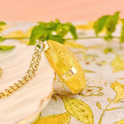 14k Yellow Gold Unique Hexagon Yellow Citrine Flower Carved Statement Pendant, N - Picture 5 of 12