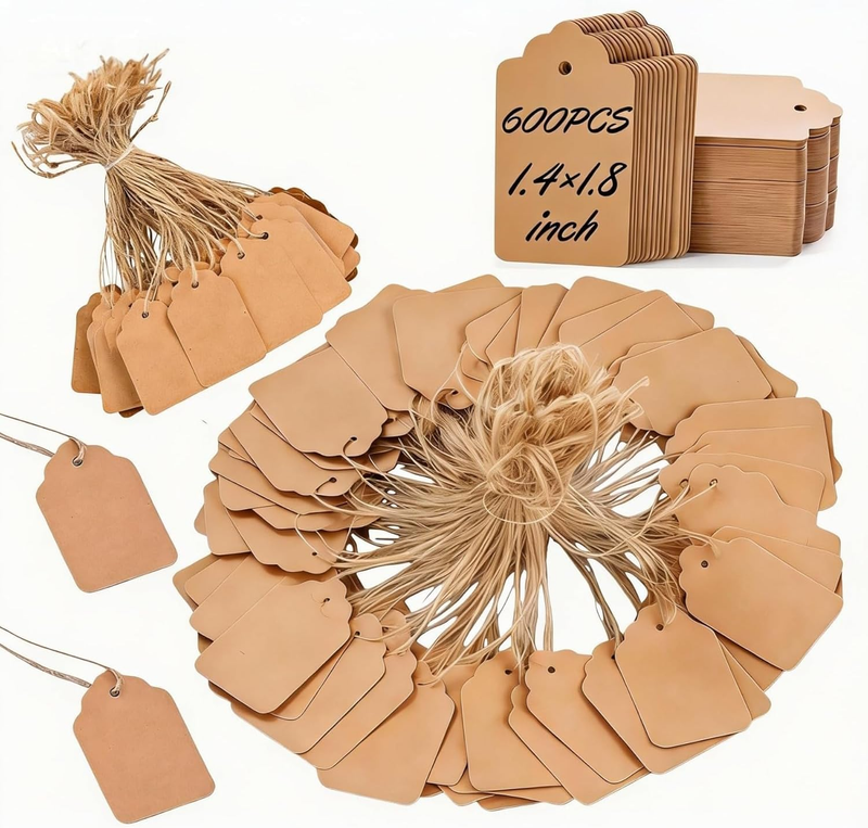600 PCS Paper Key Tags with String Attached, Brown Kraft Blank Labeling Tags, 1.