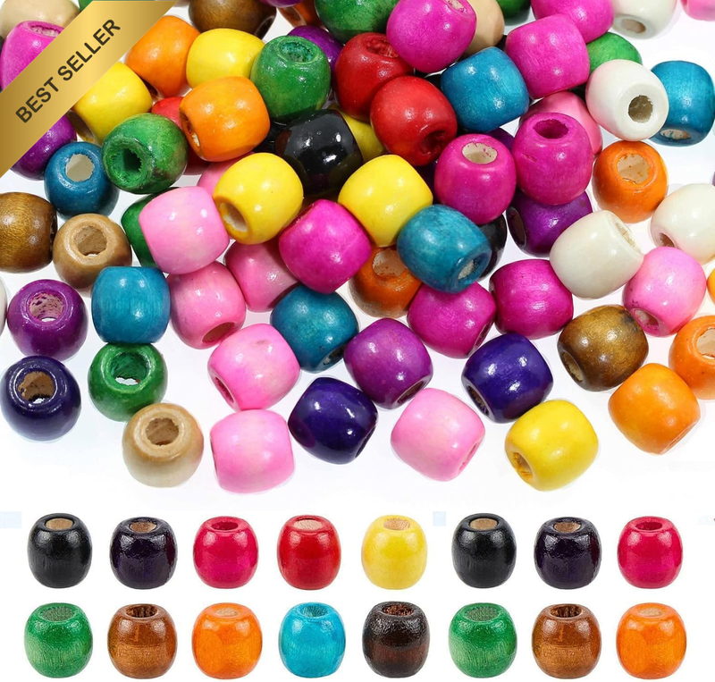 200Pcs Large Hole Wood Beads,  16X17Mm Barrel Beads Assorted Color Hair Braid Be
