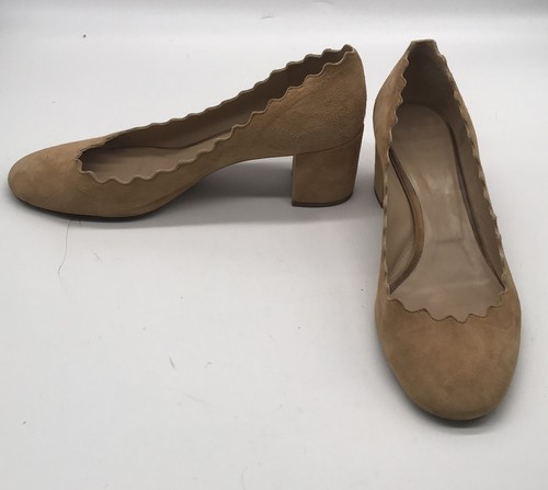 Chloe パンプス Chloe scallop tan suede block heel round toe pump sz 38 | eBay