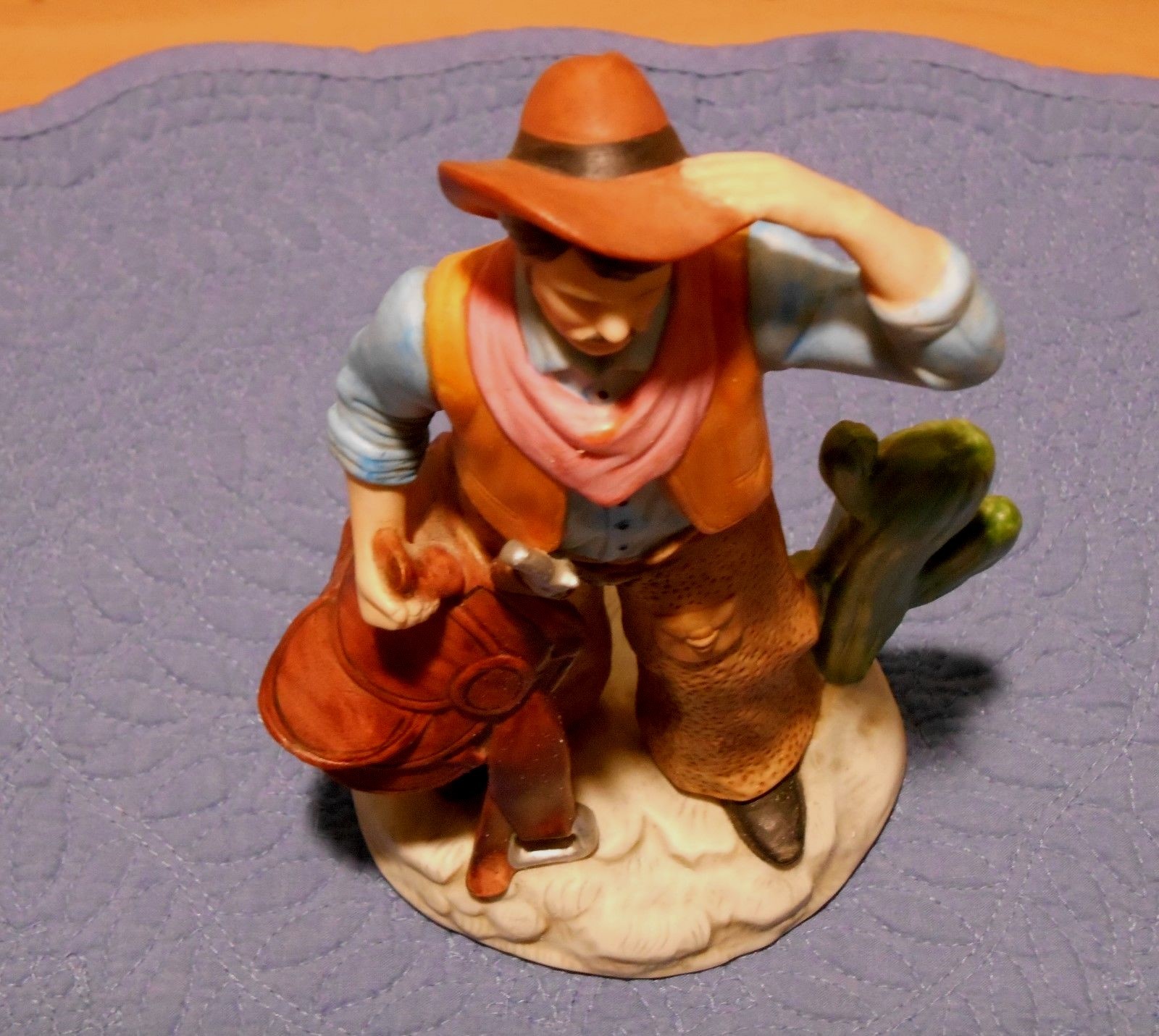 Homco Cowboy Standing Near Cactus Holding Saddle Figurine #1419