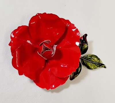 BRIGHT RED VINTAGE METAL ENAMEL FLOWER PIN BROOCH RUFFLE PETALS 3.3''