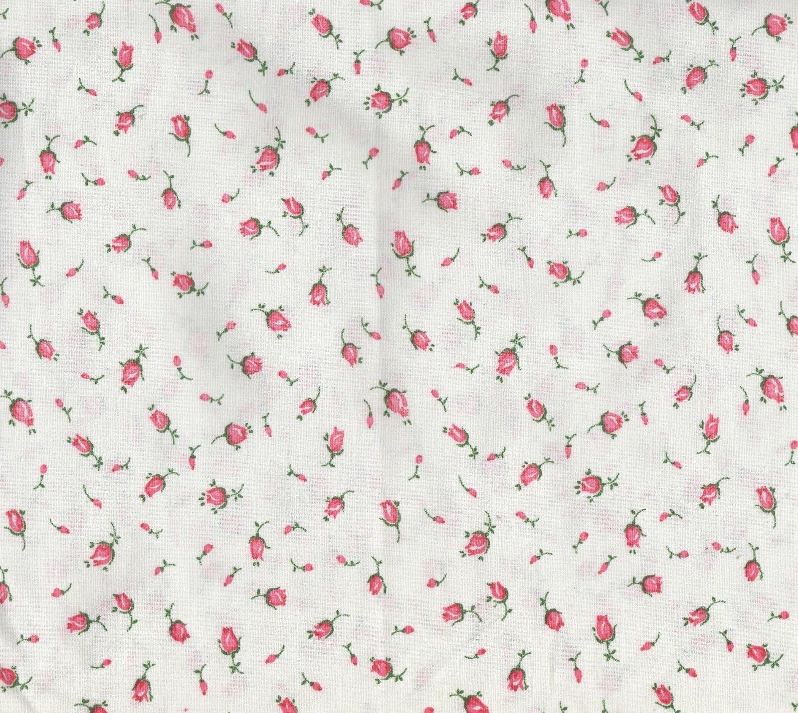 White Cotton Fabric With Pink Rosebuds ~ 3Yds. Length 43