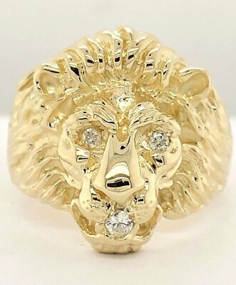 14k Yellow Gold Lion Head Ring with Diamond Eyes and Mouth