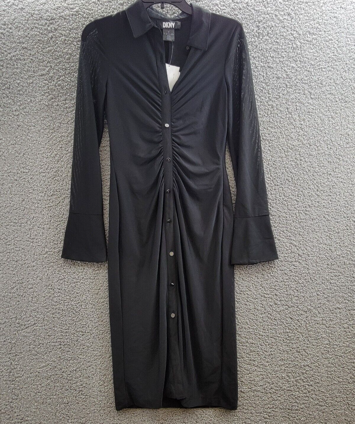 DKNY Collared Mesh-Sleeve Button-Up Shirtdress Women's 2 Black Button/Zip L/S - Picture 2 of 17