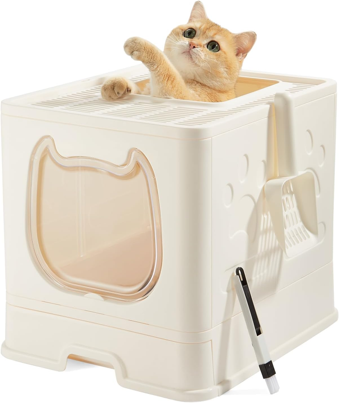 Foldable Cat Litter Box with Lid, Top Entry Tray with Drawer & Scoop