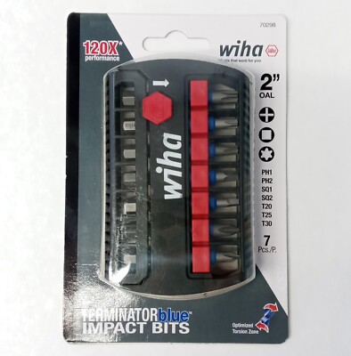 WIHA 70298 Bit Buddy 7 Piece Terminator Blue Impact Screw Bits 2'' Long