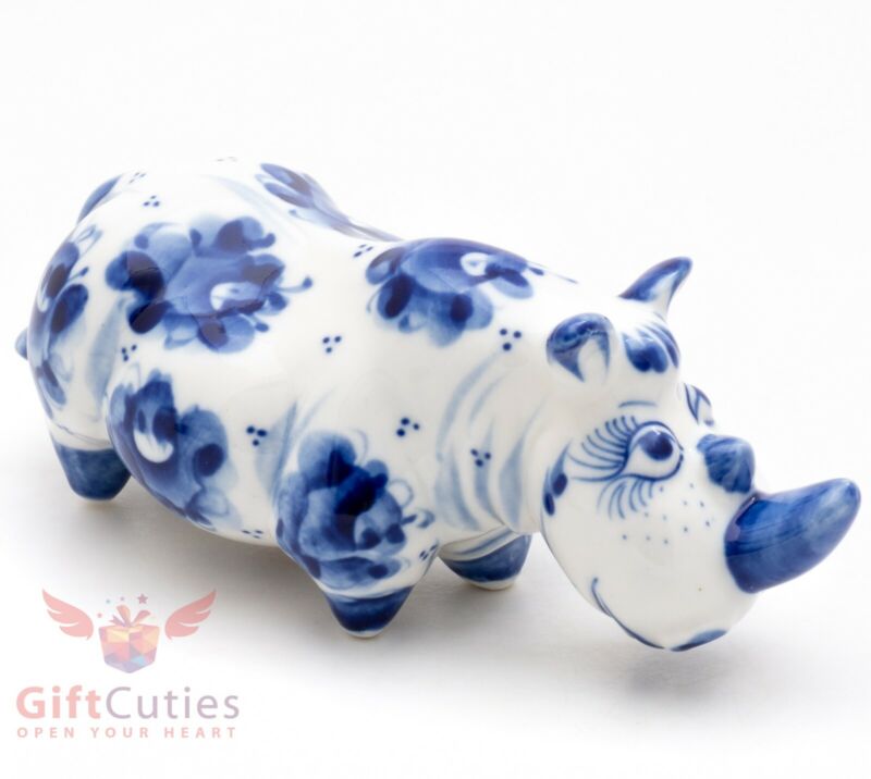 Rhinoceros Gzhel porcelain figurine rhino handmade