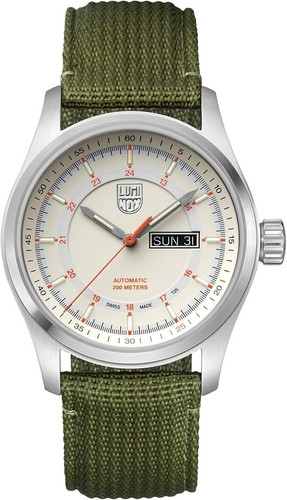 Pre-owned Luminox 1907.nf Men Atacama Field Green Military Strap Watch, 44mm, Ivory/orange