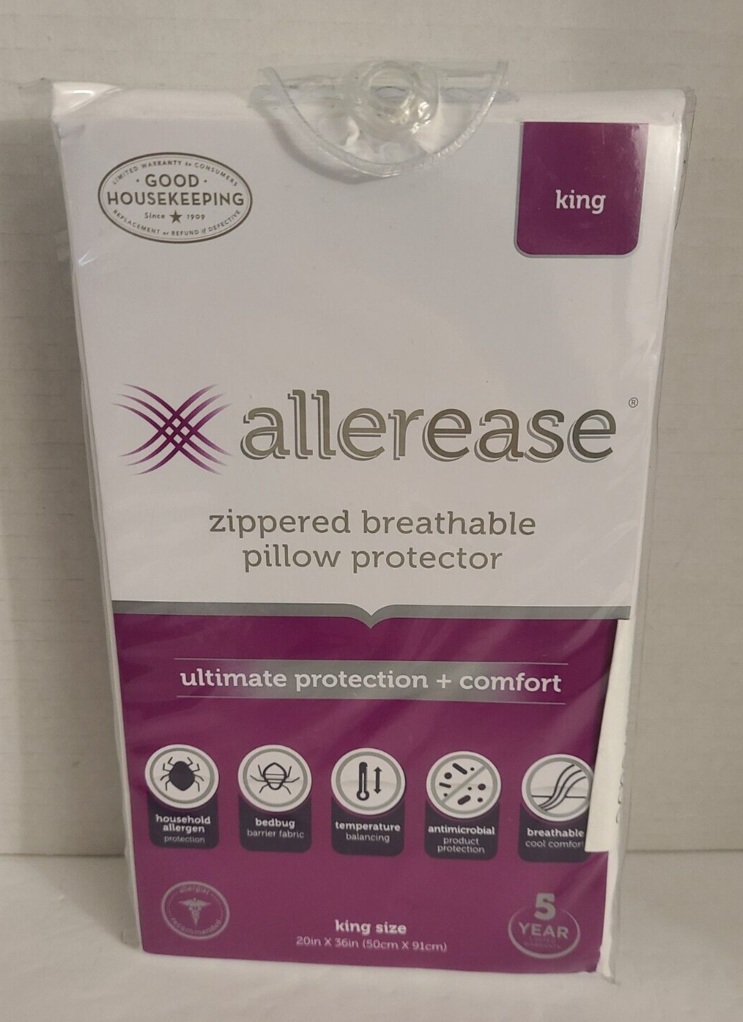 Allerease Zippered Breathable Pillow Protector (King) (20inx36in) NEW