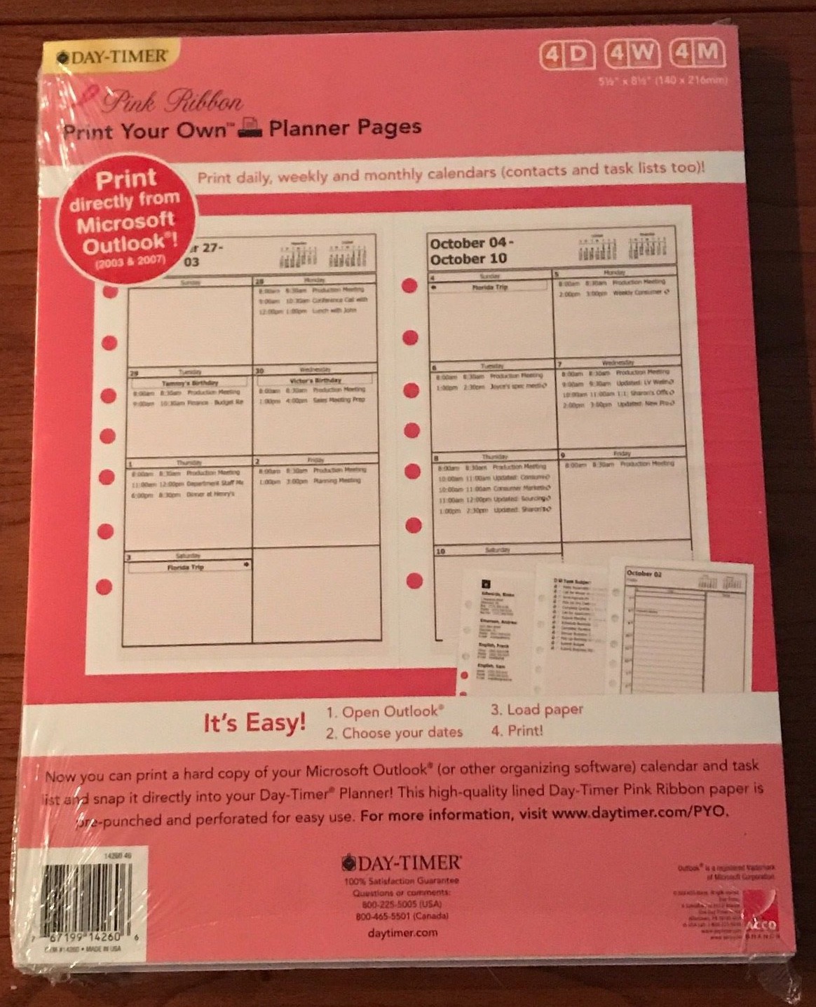 Day-Timer Acco PINK RIBBON Print Your Own Day, Week, Month Fit 3 or 7 Ring 14260