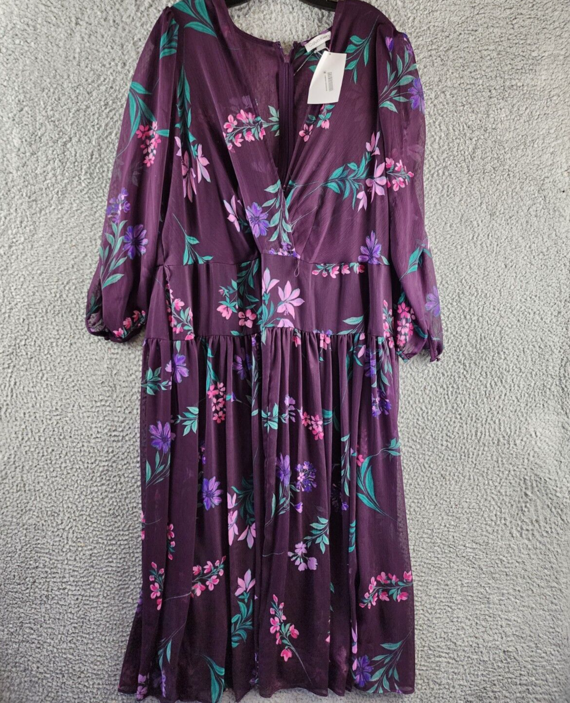 Calvin Klein Plus Size Floral Wrap Dress Women's 20W Eggplant Multi Back Zip - Picture 2 of 12