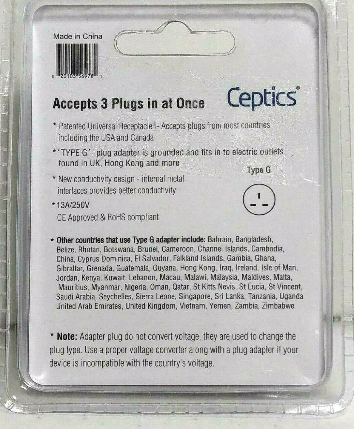 Ceptics 3-in-1 Grounded Travel Adapted Outlet Plug Type G  GP3-7 Factory Sealed