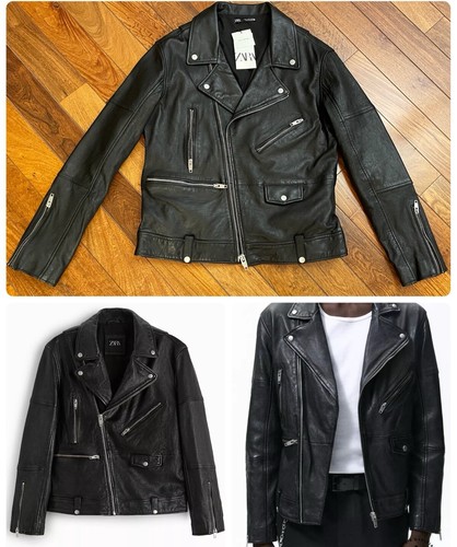 Zara Leather Moto Biker Jacket, Sheep Leather, Black, Size