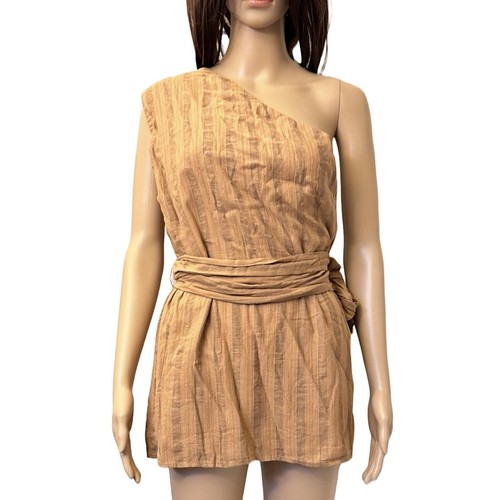 Zara Women's One Shoulder Sleeveless Top Brown Striped Waist