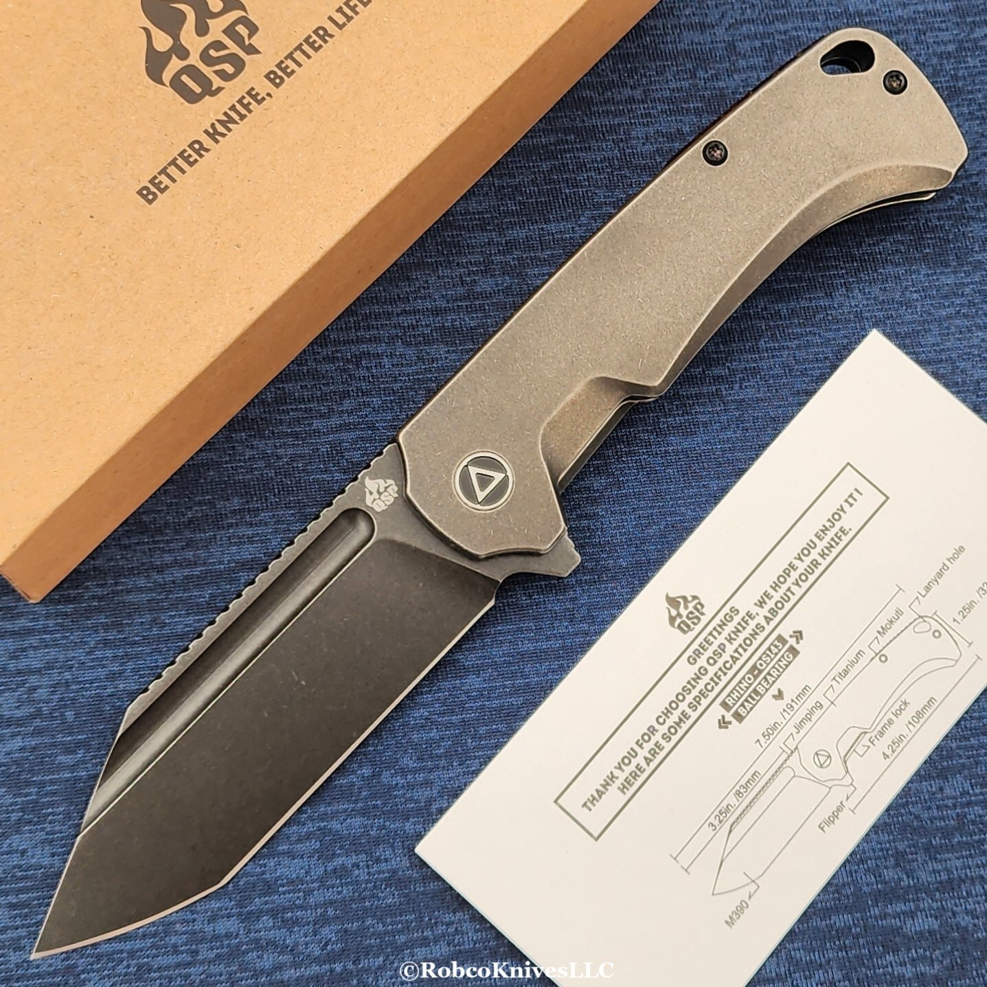 グラスワンダー SP QSP Knives Rhino M390 Black Flat Blade Black Titanium w