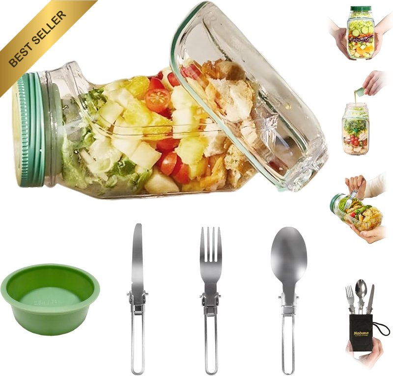 Salad Mason Jar Side Opening Dressing Cup Leakproof Meal Prep Pod Bowl