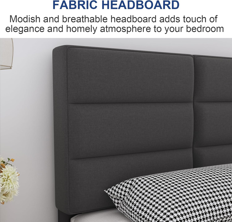 Upholstered Platform  Bed Frames with headboard and Wooden Slats Support，No Box