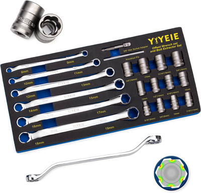 20Pcs Combo Bolt Extractor Kit, 6-Point Offset Extractor Wrench Set, 6Pcs Metric