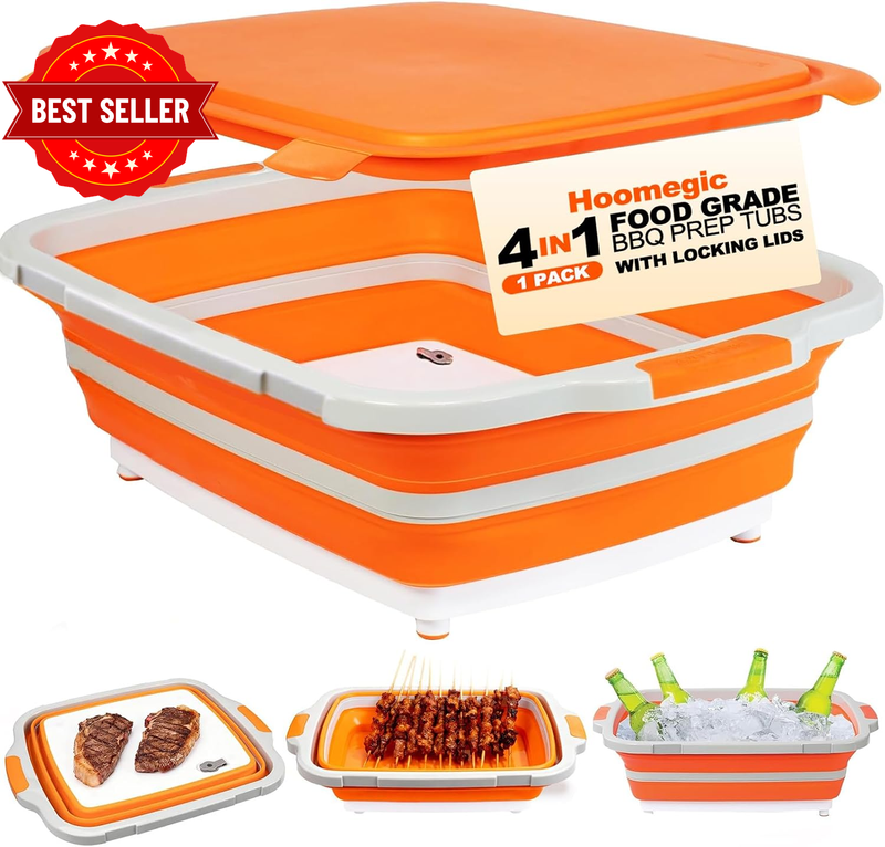Collapsible BBQ Prep Tub, 16L Large Camping Food Container with Lid for Picnic,