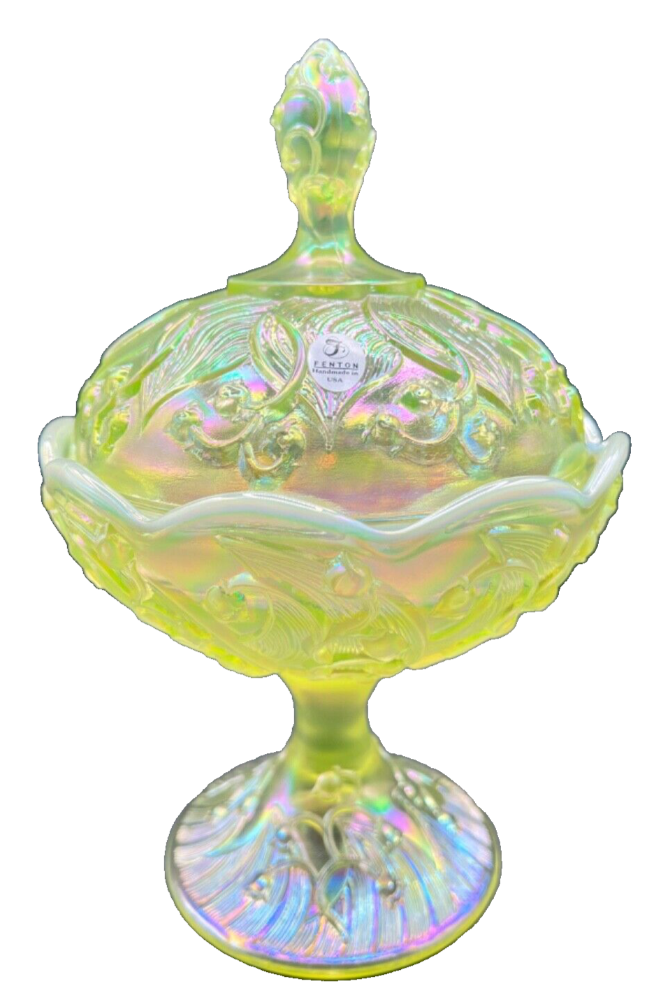 カーニバルガラス　CARNIVALGLASS フェントン FENTON USA Fenton Blue Carnival Glass Birds & Cherries 2 Handled Bonbon