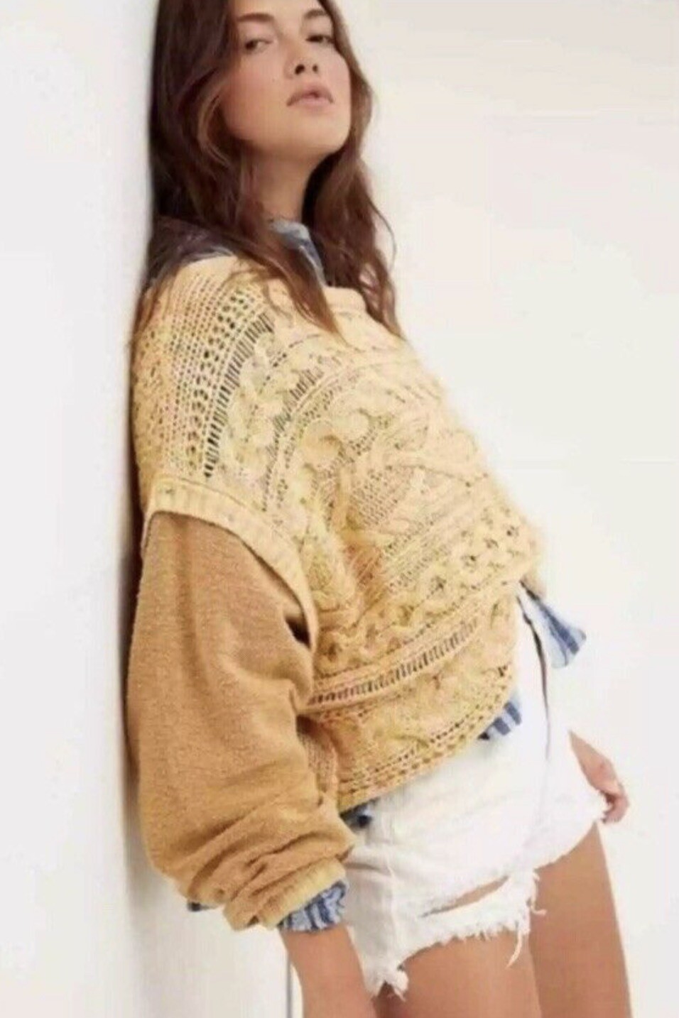 

Свитер Free People Толстовка вязаный пуловер с флисовыми рукавами Медовый  NWT, Yellow tan