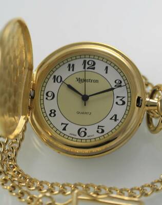 Majestron White Beige Men's Stainless Gold Flip Fob Chain Quartz Pocket Watch