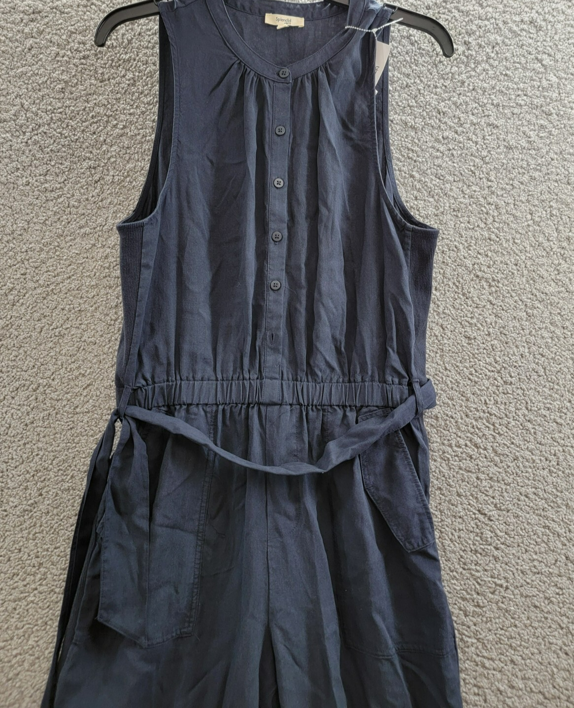 Splendid Colette Belted Jumpsuit Women's M Navy Round Neck Button Front Pull On - Picture 3 of 19