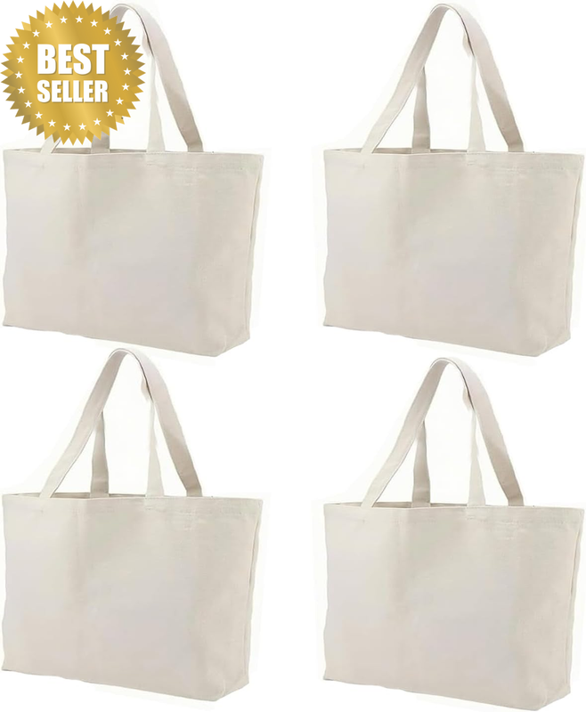 4 Pack Canvas Shopping Bags,Large Reusable Canvas Tote Bag, Foldable & Washable