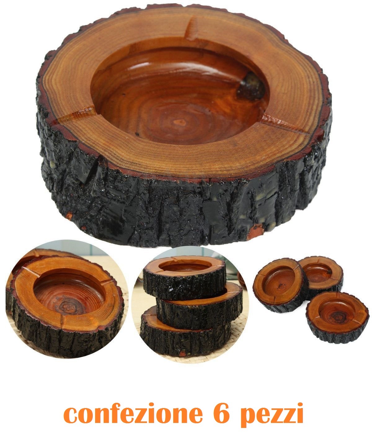 Set 6 Pezzi Posacenere Tronco Legno Porta Cenere Sigaretta Con Venature dfh