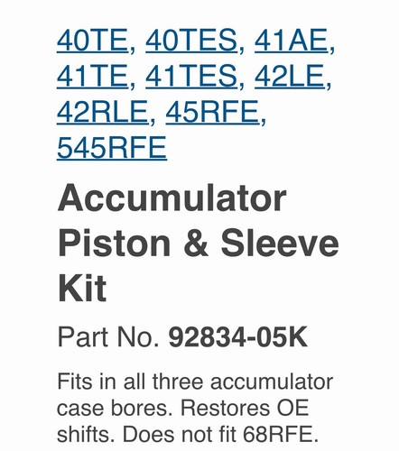 Sonnax 92834-05K Sleeve Kit Accumulator Piston, Zip Valve | eBay