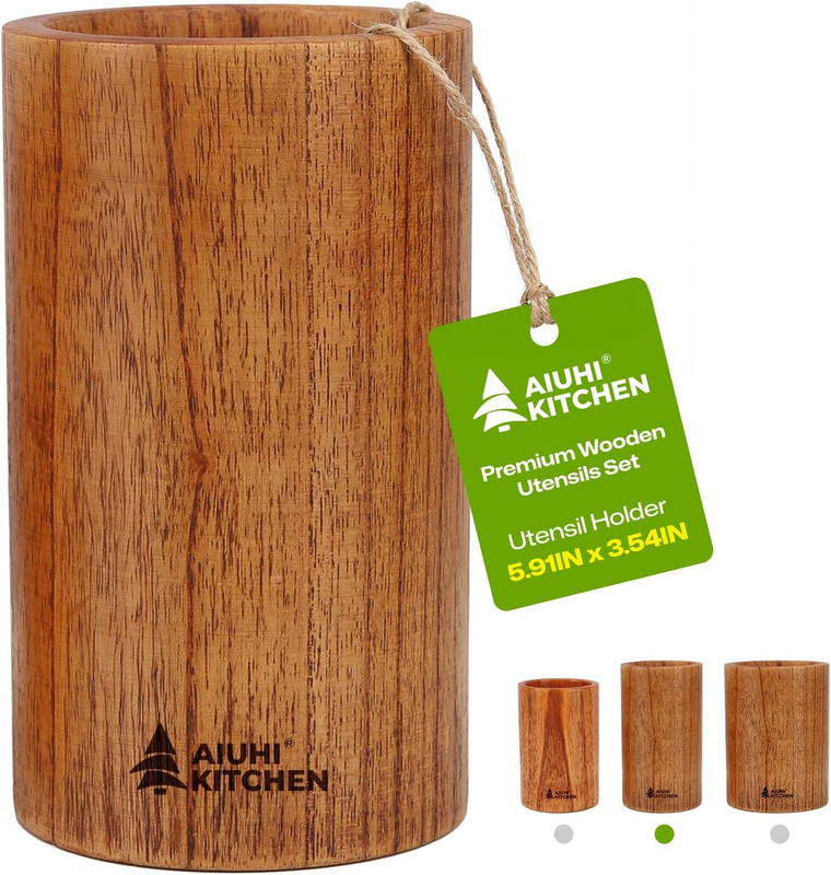 Wood Utensil Holder for Kitchen Counter, Wooden Utensil Crock, Kitchen Utensil O