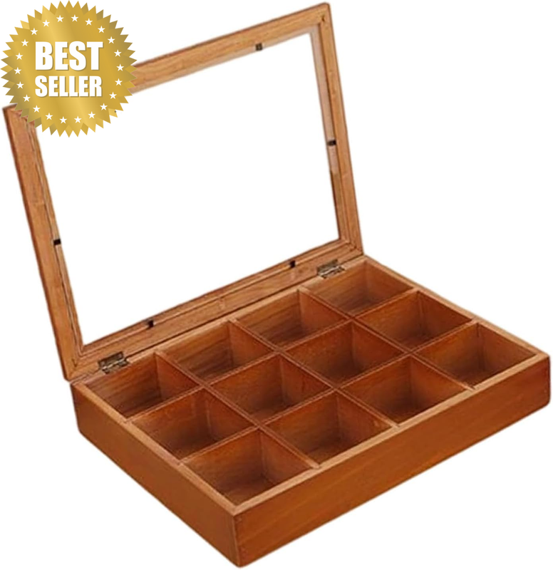 Tea Bag Organizer, 12 Compartments Wooden Box, Tea Packet Organizer with Clear L