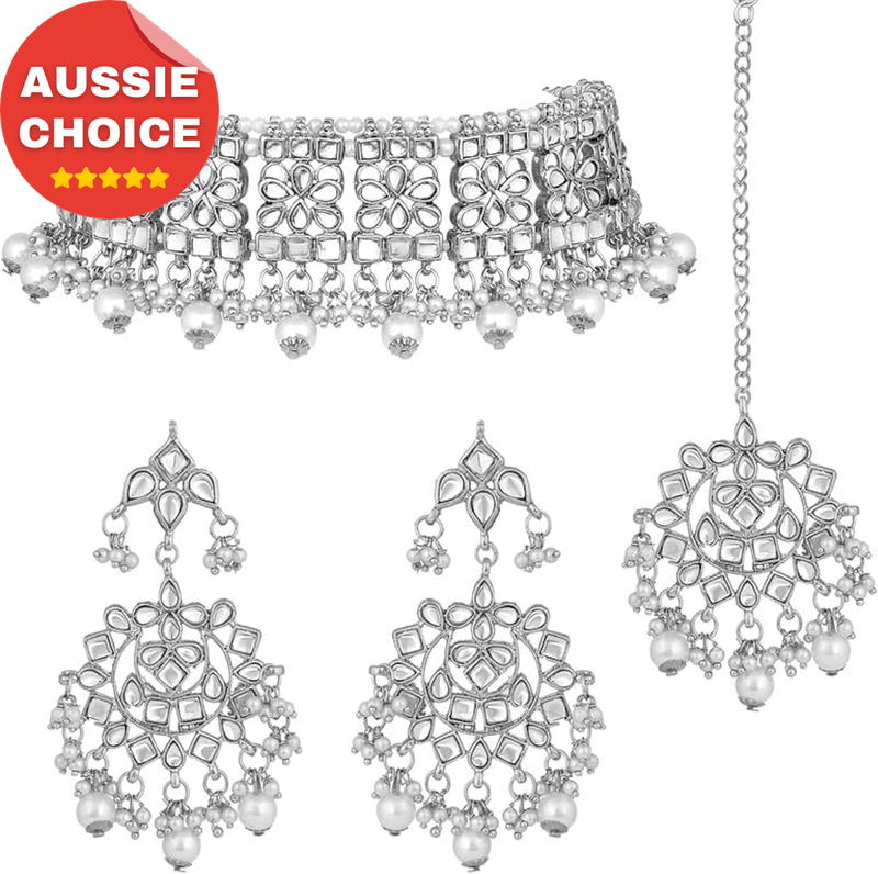 Indian Ethnic Kundan Necklace Earrings Maang Tikka Jewelry Set for Women