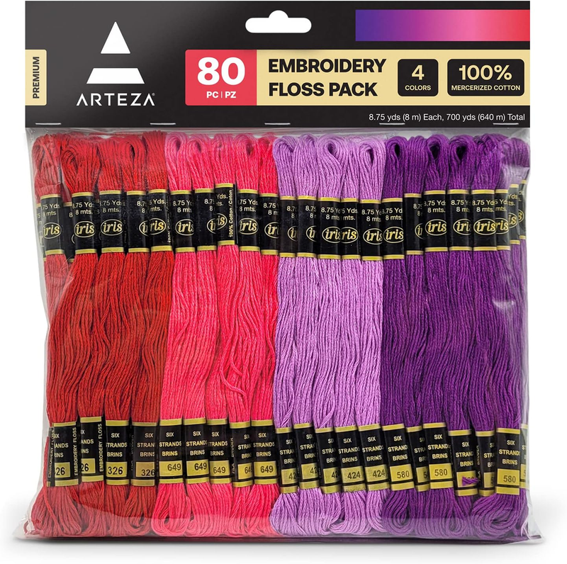 Embroidery Thread Pack – 80 Skeins of Embroidery Floss, 20 Each of Red, Pink, Pu