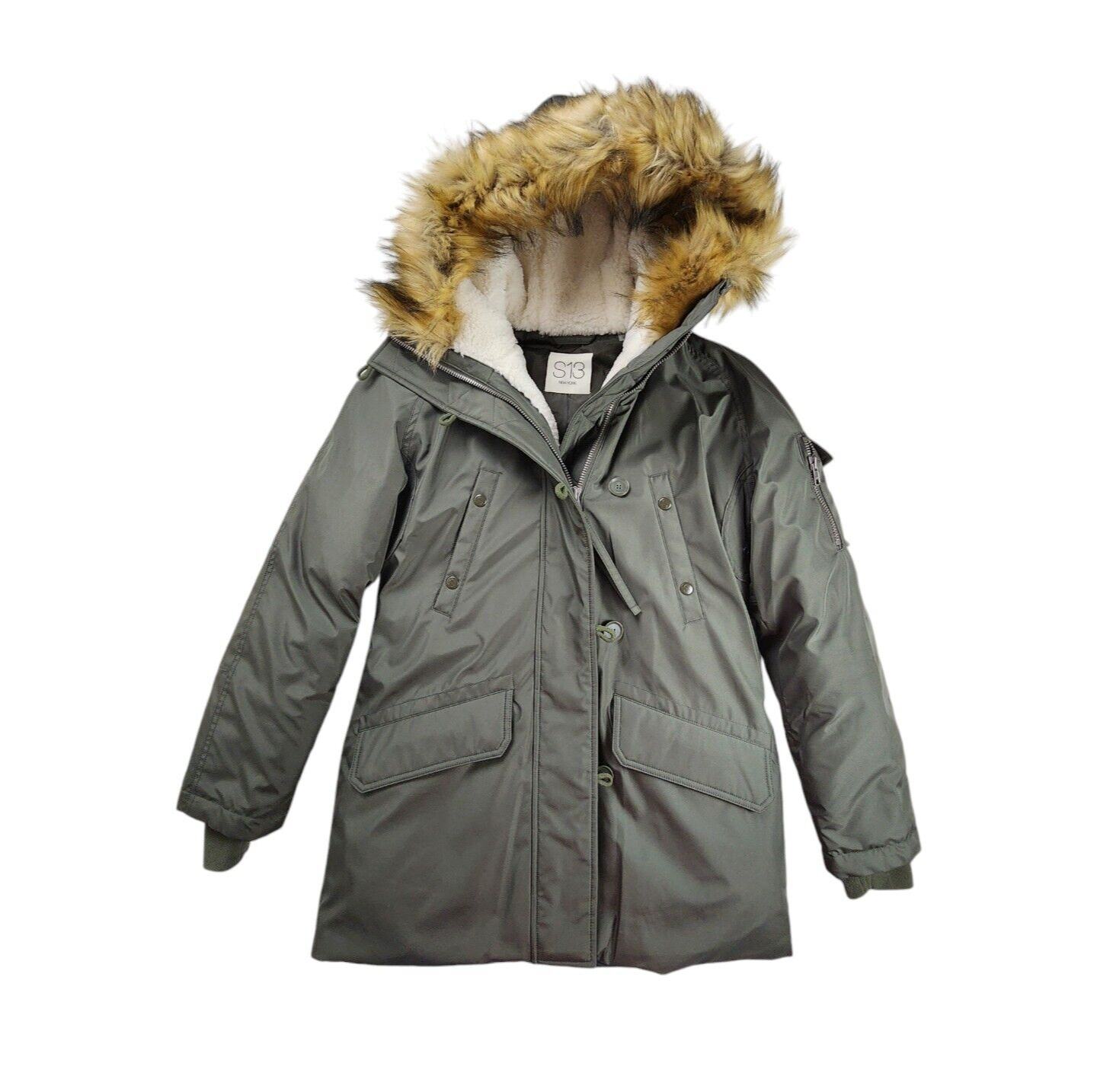 S13 New York Alps Down Parka Coat Army Green Faux Fur Hood Womens Size M S13 New York Alps Down Parka Coat Army Green Faux Fur Hood Womens Size M