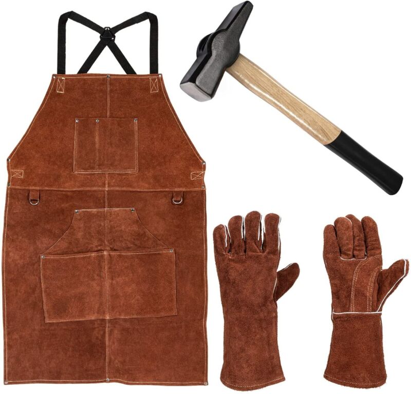 Blacksmith Hammer &Welding Gloves &Leather Work Shop Apron Heat/Flame Resistant