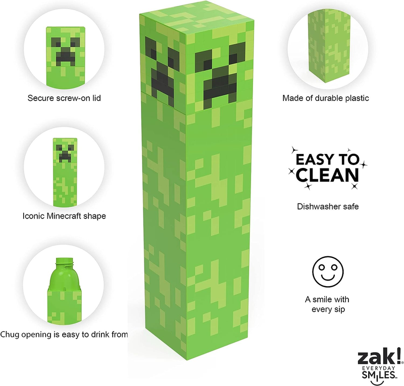 Zak Square Water Bottle Minecraft Creeper 22 Oz BPA-Free Durable Dishwasher Safe