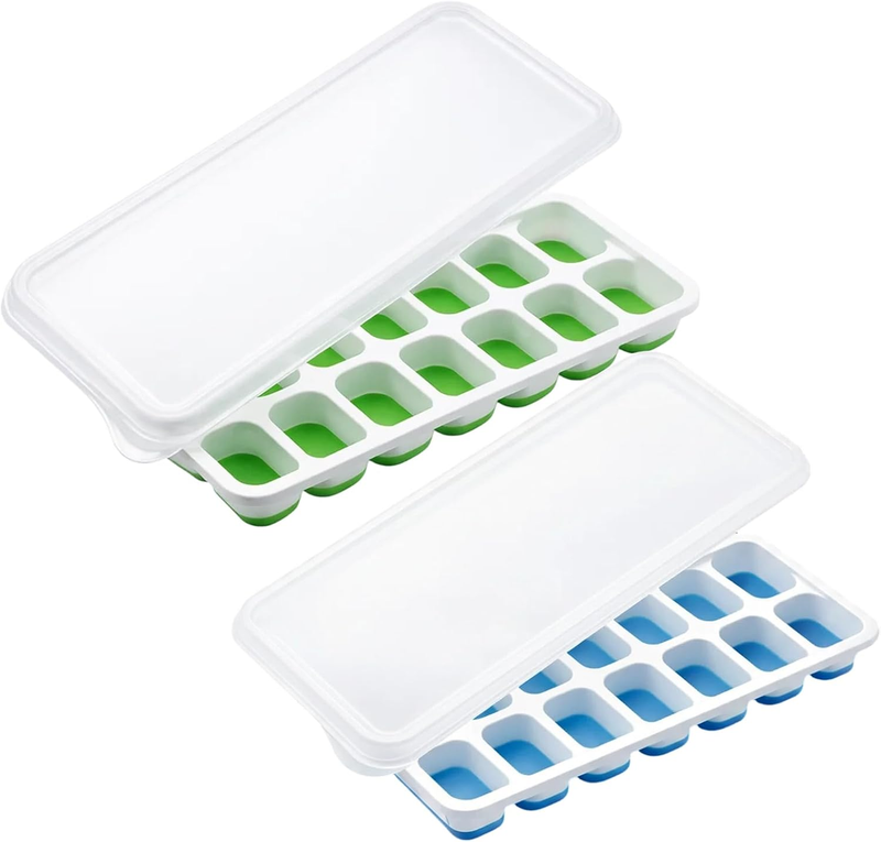 Ice Cube Tray with Lid, Silicone Ice Cube Tray Set of 2, 14-Cube Flexible Ice Tr