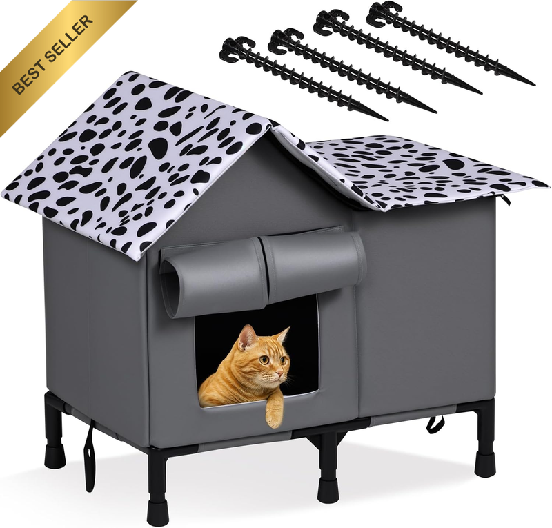 Outdoor Cat House Weatherproof, Elevated Feral Cats Shelter for Outside/Indoor,