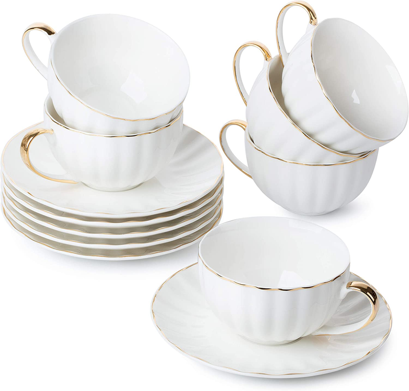 Cups And Saucers, Set Of 6 (7 Oz) With Gold Trim And Gift Bo