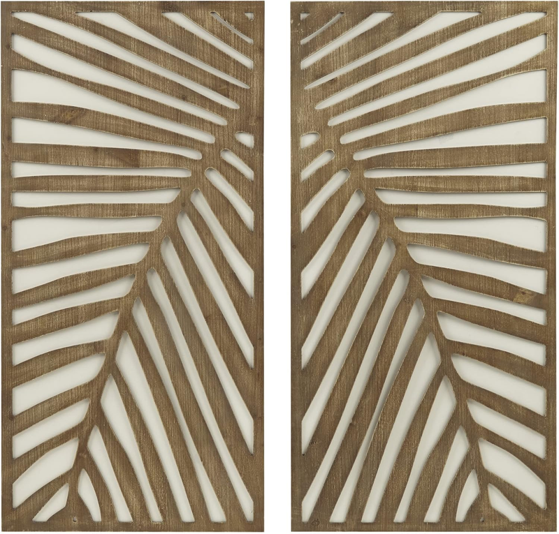 Wall Décor for Living Room - Birch Palms Botanical Two-Tone, Home Accent Modern Kitchen Dining Decoration, Ready to Hang 2-Piece Wood Panel Set for Bedroom, 16