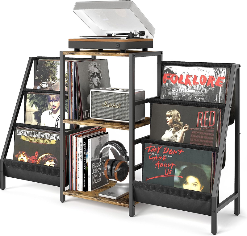 Record Player Stand with Two Side Display Shelves - 280 Album Capacity Storage  