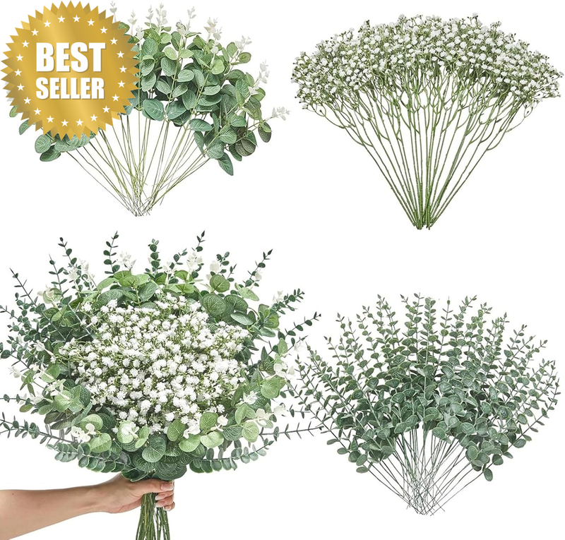 100Pcs Fake Flowers,Eucalyptus Stems,Babys Breath Artificial Flowers and Silver
