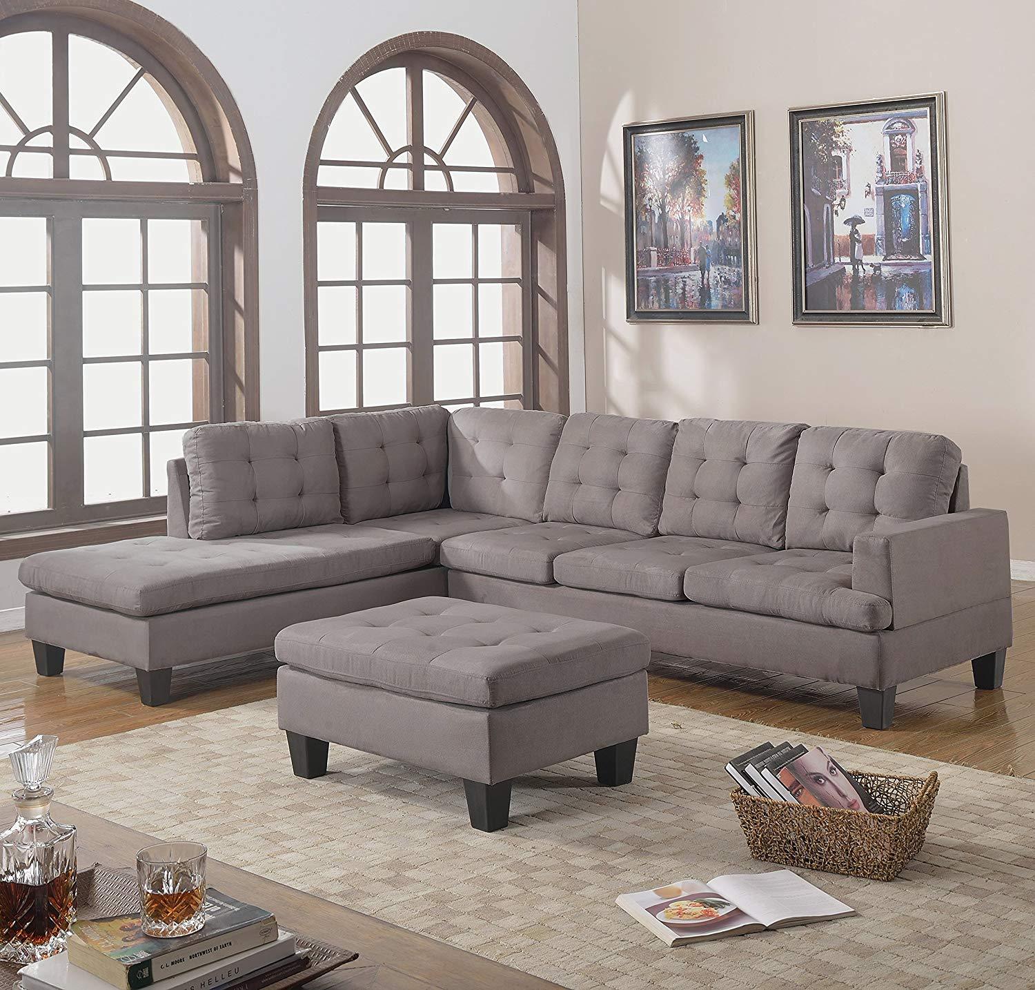 3 Pcs Reversible Chaise Sectional Sofa Ottoman Gray Charcoal Microfiber Cushions